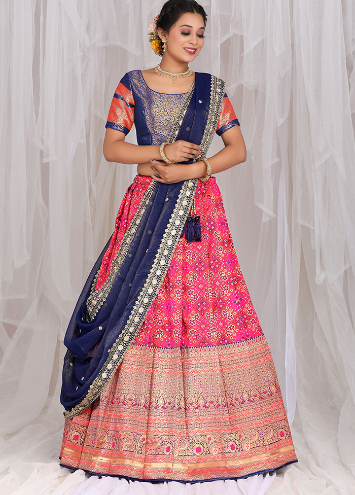 3 Pc Pink Silk Semi Stitched Lehenga Set - Indian Silk House Agencies