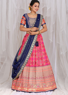 3 Pc Pink Silk Semi Stitched Lehenga Set - Indian Silk House Agencies