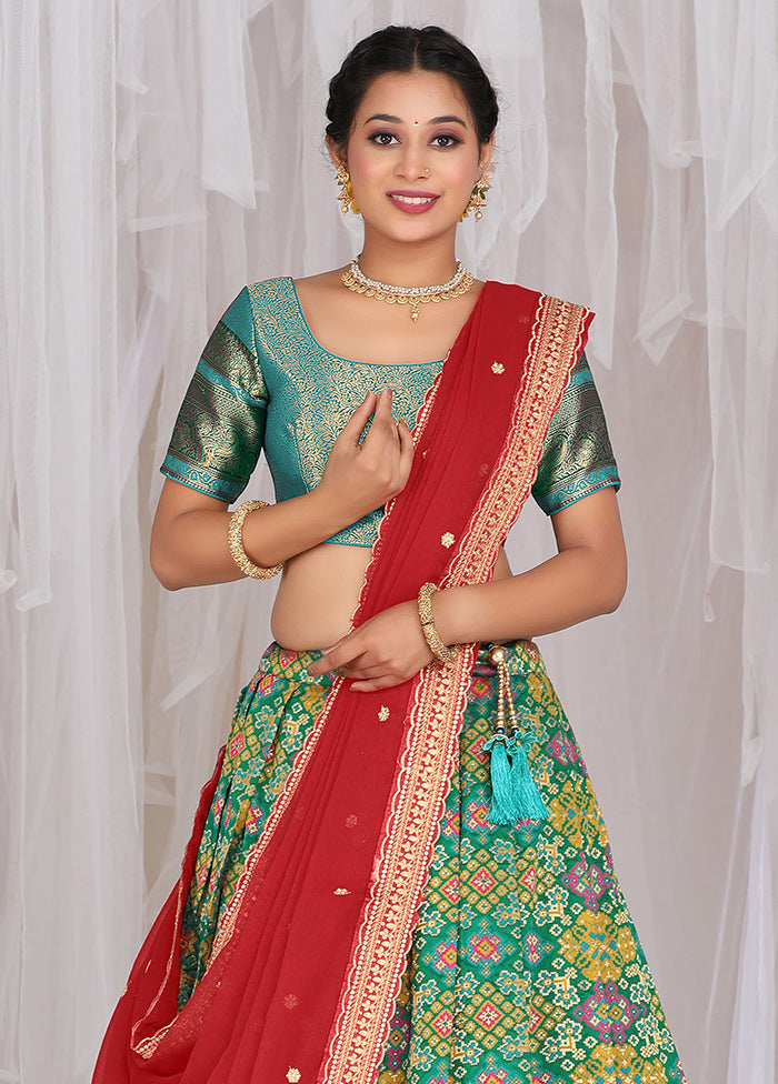 3 Pc Green Silk Semi Stitched Lehenga Set - Indian Silk House Agencies