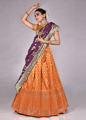 3 Pc Orange Silk Semi Stitched Lehenga Set - Indian Silk House Agencies