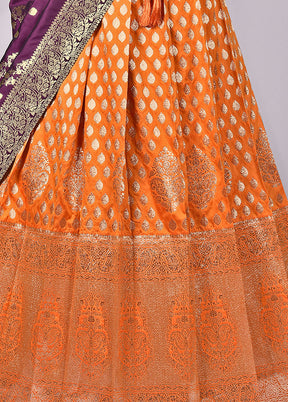 3 Pc Orange Silk Semi Stitched Lehenga Set - Indian Silk House Agencies