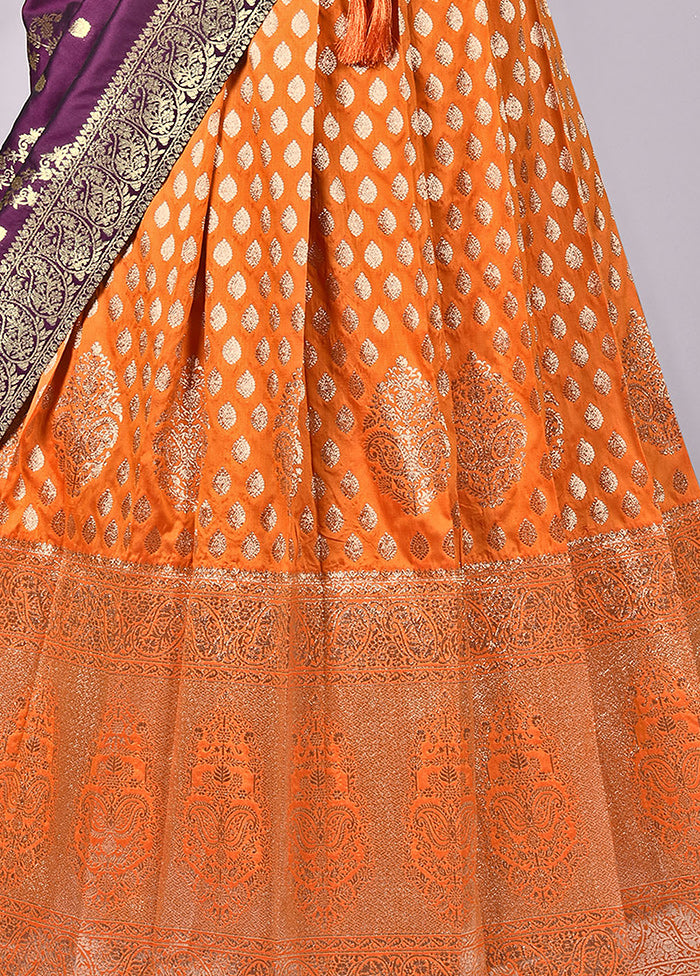 3 Pc Orange Silk Semi Stitched Lehenga Set - Indian Silk House Agencies