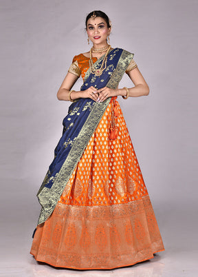 3 Pc Orange Silk Semi Stitched Lehenga Set - Indian Silk House Agencies