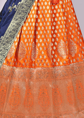 3 Pc Orange Silk Semi Stitched Lehenga Set - Indian Silk House Agencies