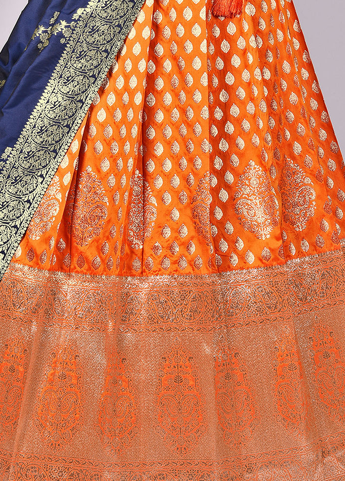 3 Pc Orange Silk Semi Stitched Lehenga Set - Indian Silk House Agencies