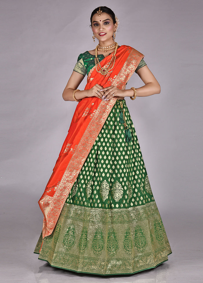 3 Pc Green Silk Semi Stitched Lehenga Set - Indian Silk House Agencies