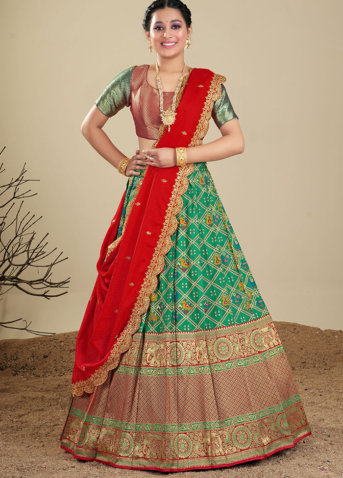 3 Pc Green Silk Semi Stitched Lehenga Set - Indian Silk House Agencies