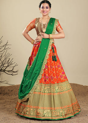 3 Pc Orange Silk Semi Stitched Lehenga Set - Indian Silk House Agencies