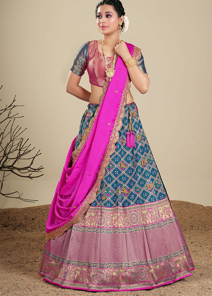 3 Pc Blue Silk Semi Stitched Lehenga Set - Indian Silk House Agencies