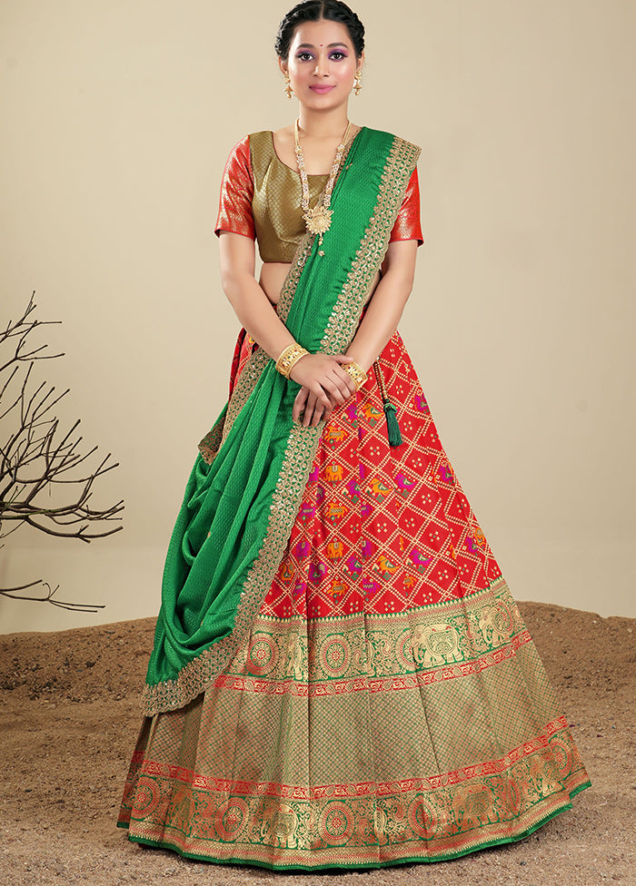 3 Pc Red Silk Semi Stitched Lehenga Set - Indian Silk House Agencies