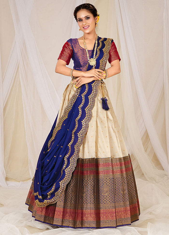 3 Pc Cream Silk Semi Stitched Lehenga Set - Indian Silk House Agencies