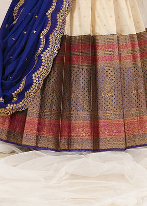 3 Pc Cream Silk Semi Stitched Lehenga Set - Indian Silk House Agencies