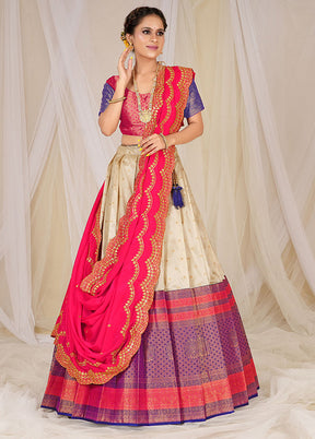 3 Pc Cream Silk Semi Stitched Lehenga Set - Indian Silk House Agencies