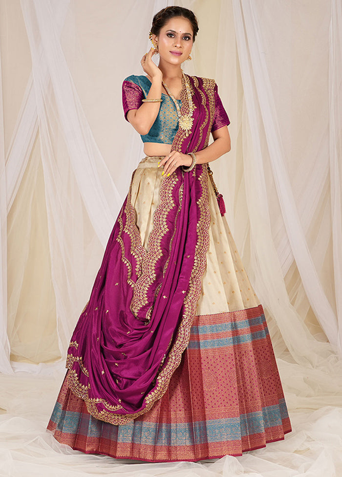 3 Pc Cream Silk Semi Stitched Lehenga Set - Indian Silk House Agencies