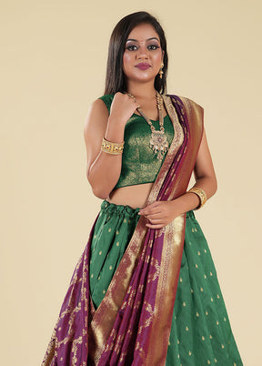 3 Pc Green Silk Semi Stitched Lehenga Set - Indian Silk House Agencies