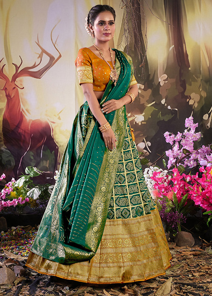 3 Pc Green Silk Semi Stitched Lehenga Set - Indian Silk House Agencies