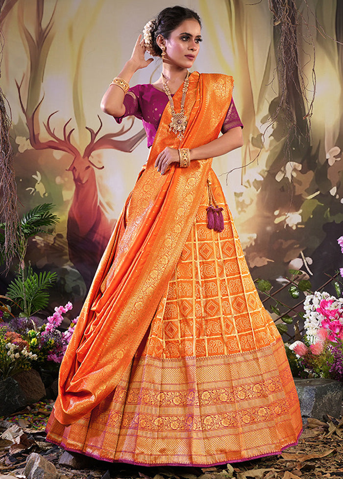 3 Pc Orange Silk Semi Stitched Lehenga Set - Indian Silk House Agencies