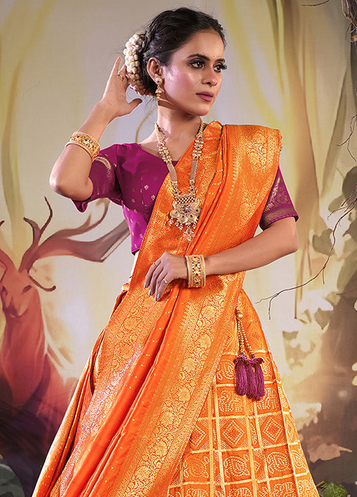 3 Pc Orange Silk Semi Stitched Lehenga Set - Indian Silk House Agencies