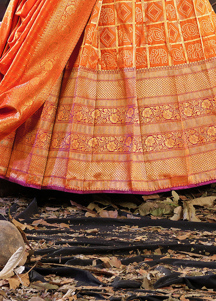 3 Pc Orange Silk Semi Stitched Lehenga Set - Indian Silk House Agencies