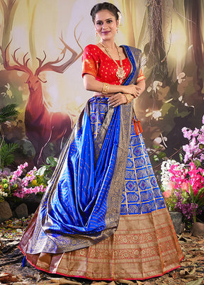 3 Pc Blue Silk Semi Stitched Lehenga Set - Indian Silk House Agencies