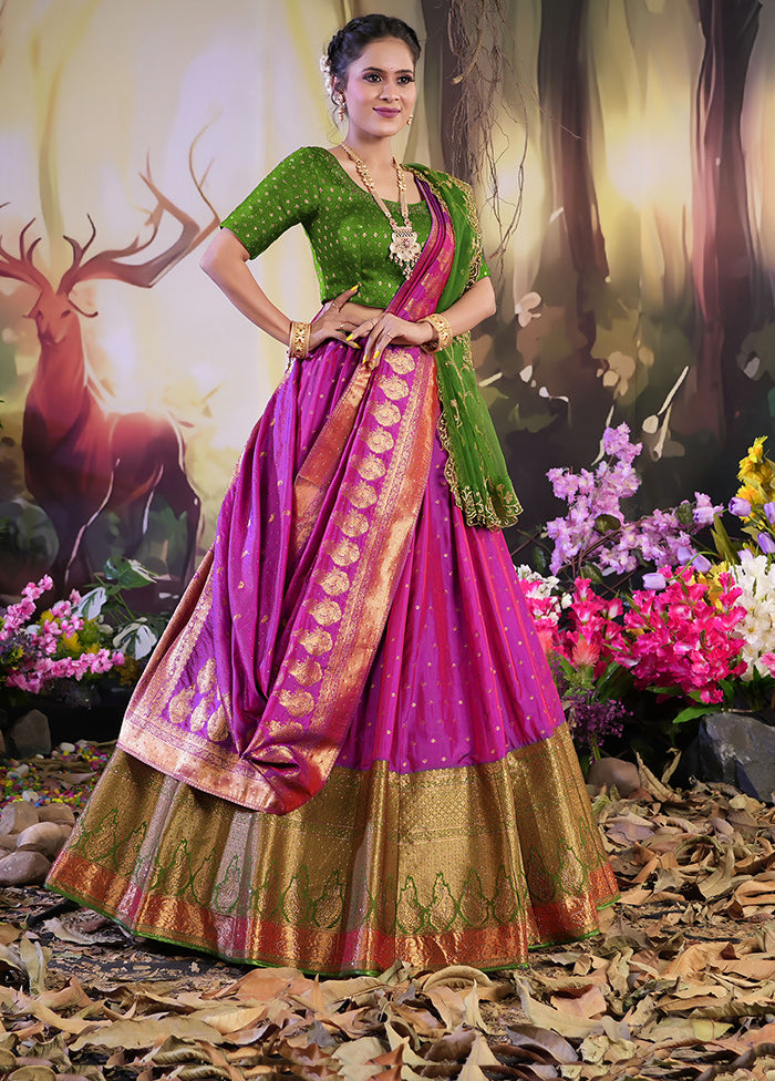 3 Pc Purple Silk Semi Stitched Lehenga Set