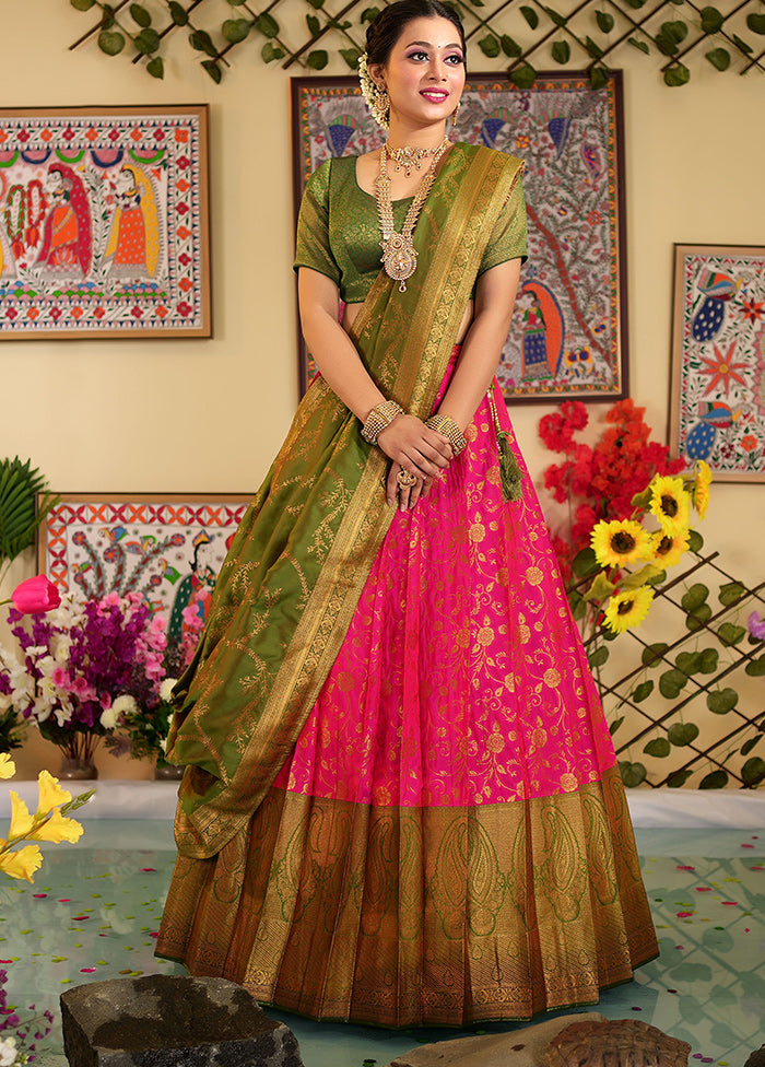 3 Pc Rani Silk Semi Stitched Lehenga Set