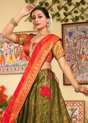 3 Pc Mehendi Silk Semi Stitched Lehenga Set