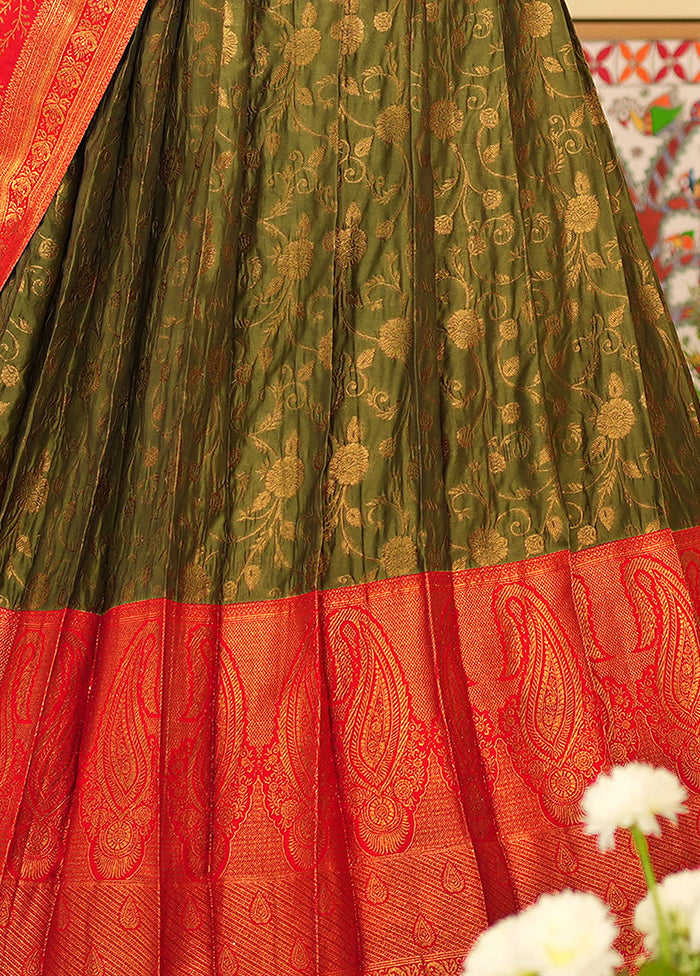 3 Pc Mehendi Silk Semi Stitched Lehenga Set