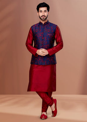3 Pc Maroon Silk Kurta Pajama with Jacket Set
