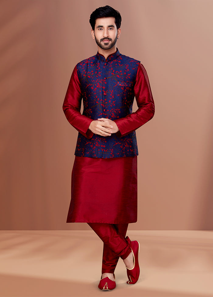 3 Pc Maroon Silk Kurta Pajama with Jacket Set