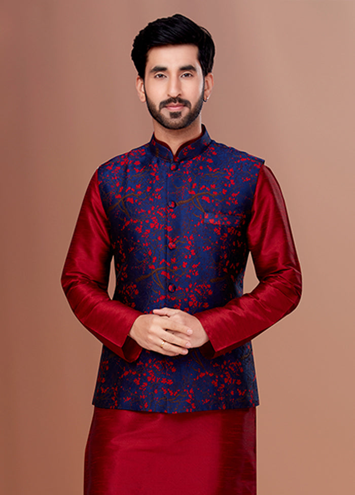 3 Pc Maroon Silk Kurta Pajama with Jacket Set
