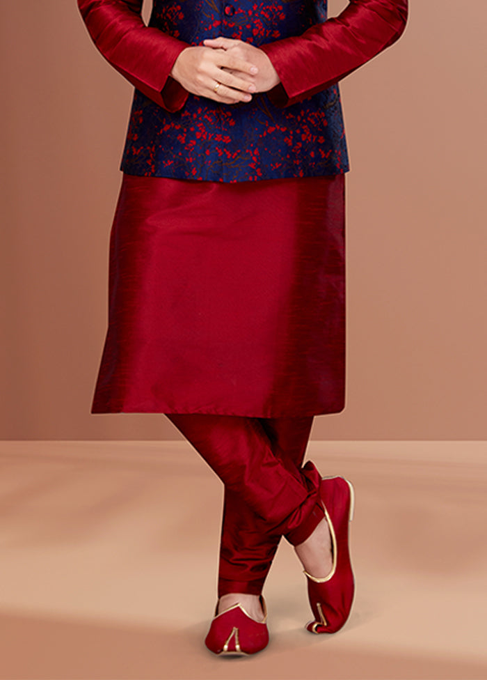 3 Pc Maroon Silk Kurta Pajama with Jacket Set
