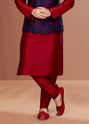 3 Pc Maroon Silk Kurta Pajama with Jacket Set