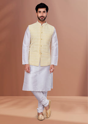 3 Pc White Georgette Kurta Pajama with Jacket Set