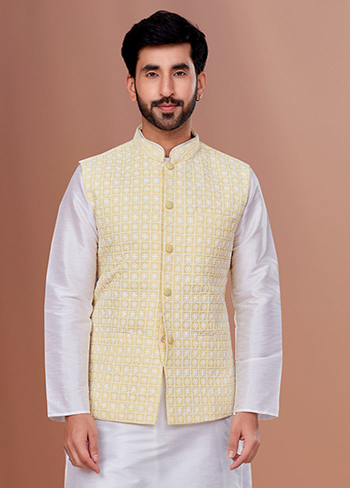 3 Pc White Georgette Kurta Pajama with Jacket Set