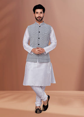 3 Pc White Georgette Kurta Pajama with Jacket Set