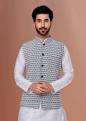 3 Pc White Georgette Kurta Pajama with Jacket Set