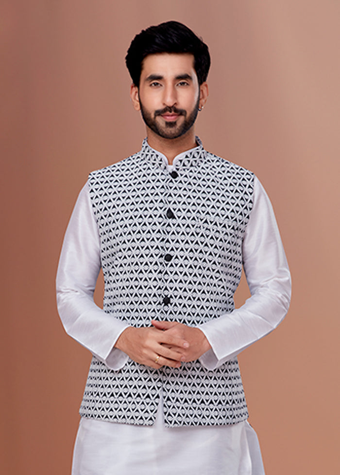 3 Pc White Georgette Kurta Pajama with Jacket Set
