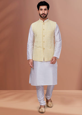 3 Pc White Georgette Kurta Pajama with Jacket Set