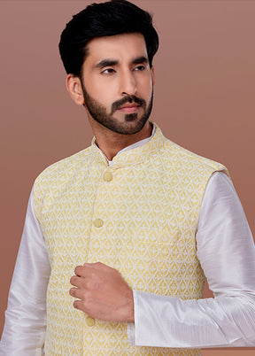 3 Pc White Georgette Kurta Pajama with Jacket Set
