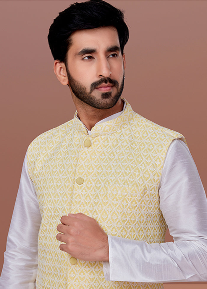 3 Pc White Georgette Kurta Pajama with Jacket Set