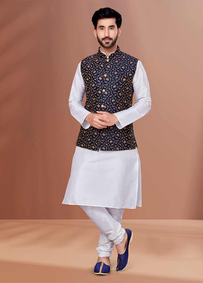 3 Pc White Silk Kurta Pajama with Jacket Set