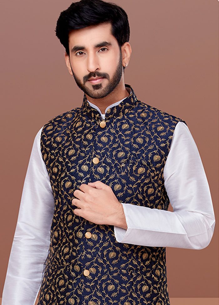 3 Pc White Silk Kurta Pajama with Jacket Set