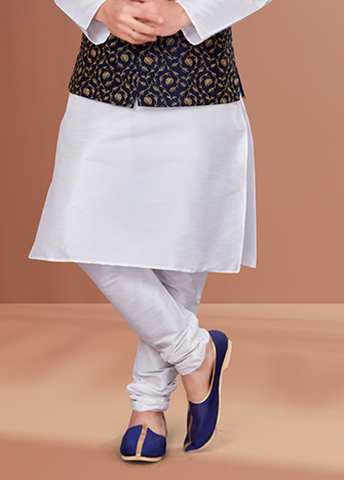 3 Pc White Silk Kurta Pajama with Jacket Set
