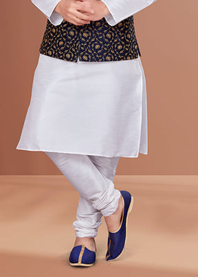 3 Pc White Silk Kurta Pajama with Jacket Set