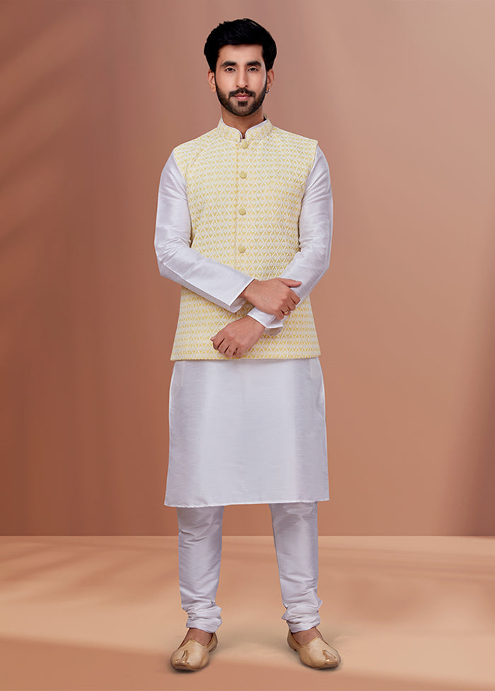 3 Pc White Georgette Kurta Pajama with Jacket Set