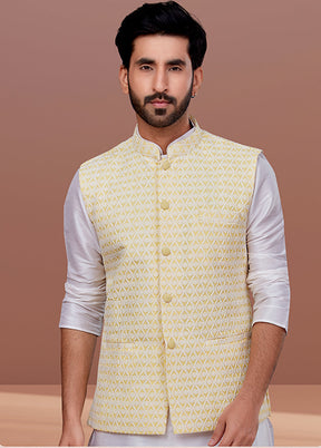 3 Pc White Georgette Kurta Pajama with Jacket Set