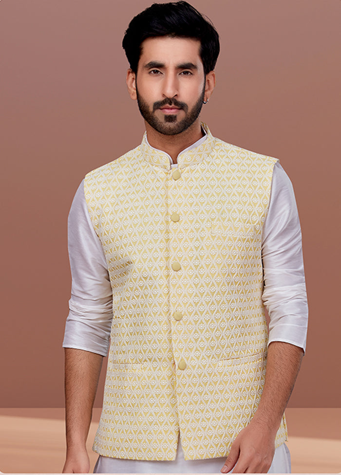 3 Pc White Georgette Kurta Pajama with Jacket Set