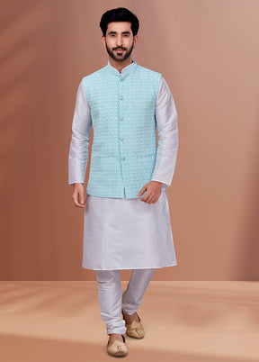 3 Pc White Georgette Kurta Pajama with Jacket Set