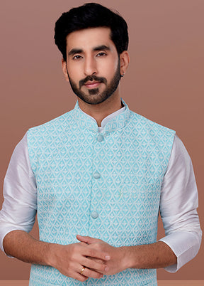 3 Pc White Georgette Kurta Pajama with Jacket Set